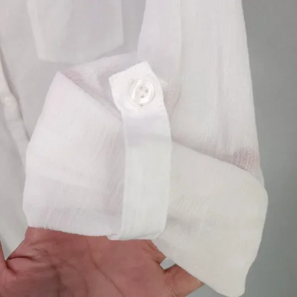 LL Bean Cotton Gauzy Long Sleeve Button Up Shirt Womens Medium Sheer White Beach - Picture 8 of 13